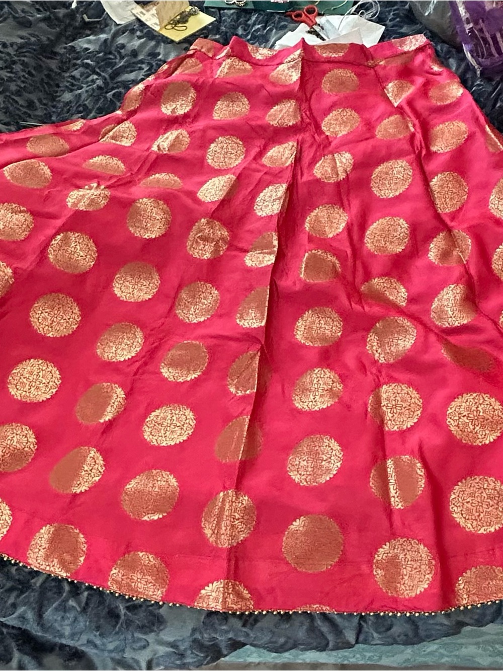Women's Red Skirt with Gold Brocade Polka Dots
